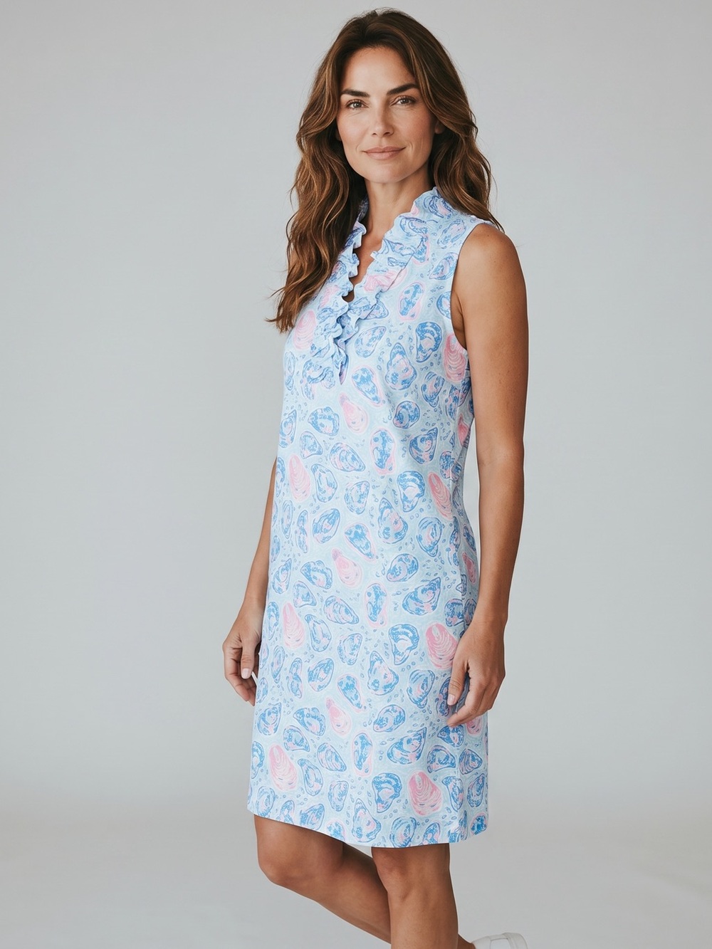 Simply Southern Ruffle V Neck Oyster Blue & Pink Knee Length Dress Size XL NWOT